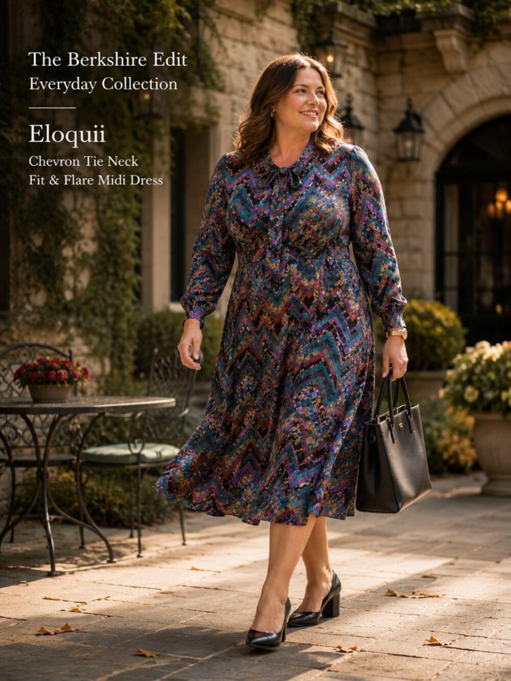 ELOQUII Multicolor Chevron Tie Neck Fit & Flare Midi Dress Size 16
